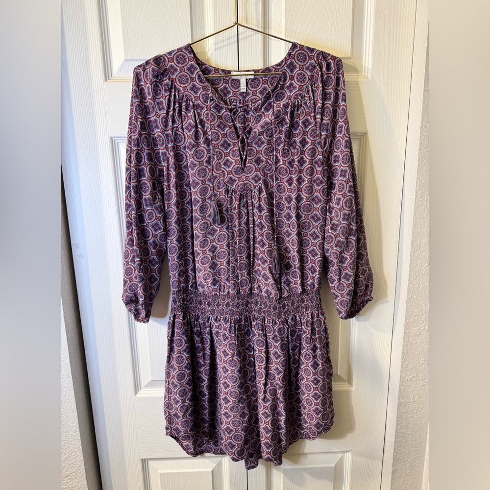 Joie Boho Smocked Waist Long-Sleeve Midi Dress -‎ 100% Silk